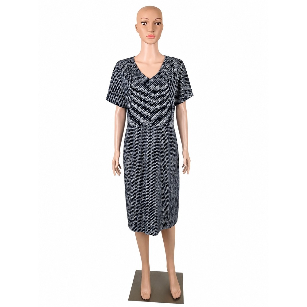 Marimekko Women's Dress Size L Black White Cotton Jersey V Neck Graphic Print